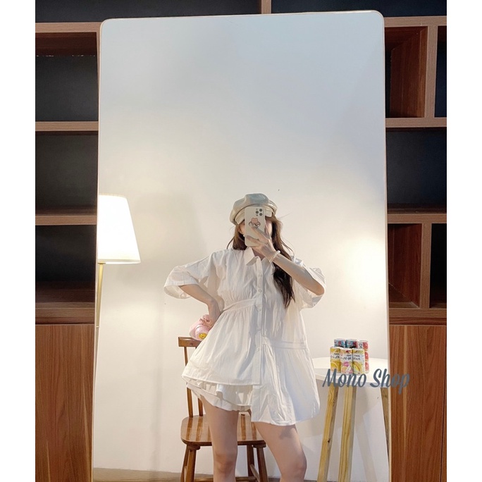 [Mã SKAMLTSM9 giảm 10% đơn 99K] Áo sơ mi cộc tay vạt lệch nhún cách điệu, áo babydoll nhún eo (ảnh thật/sẵn)