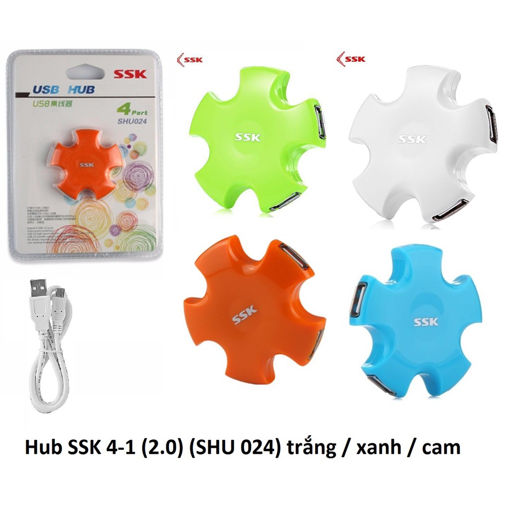 Hub USB bộ chia tín hiệu USB 2.0 SSK SHU 024 màu cam, xanh , trắng nhiều màu lựa chọn