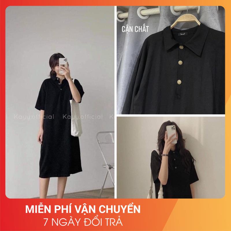 Váy Polo Đen Phối Cúc Đồng 24AP Nữ [FREESHIP] 🌸 Đầm cổ bẻ dáng suông tay lỡ form rộng học sinh vintage đẹp Ulzzang 🌸