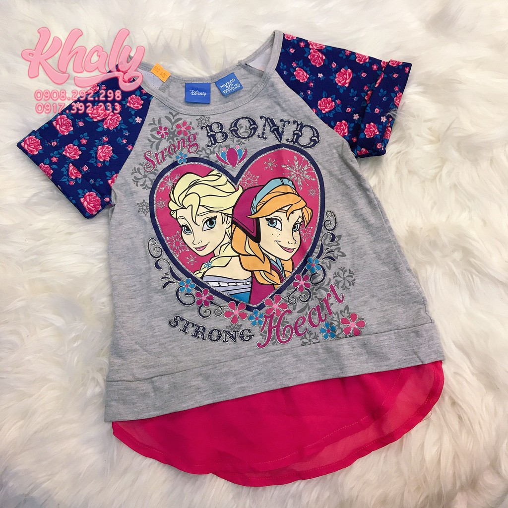 Áo thun tay ngắn trẻ em hình công chúa Elsa và Anna (Frozen) viền kim tuyến màu xám hồng xanh size XS cho bé gái 4,5 tuổ