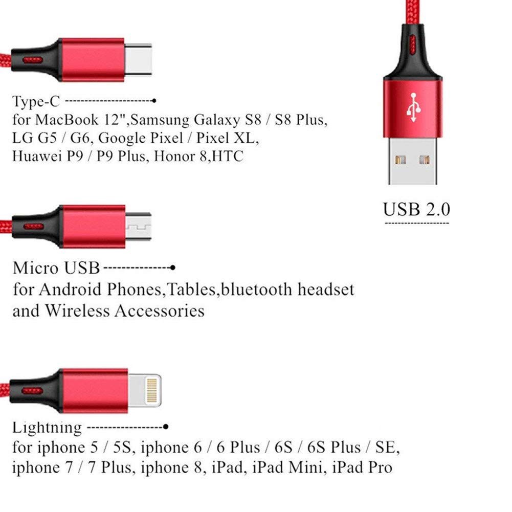 Dây Cáp Sạc 3 Đầu Đa Năng Bọc Dù 3 Trong 1 Tích Hợp 3 Đầu Lightning Type-C Android Tiện Lợi An Toàn