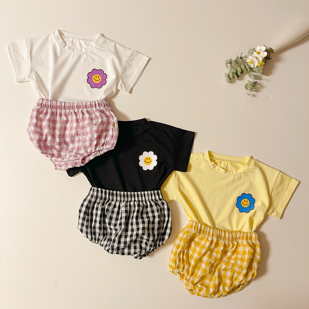 Set Áo Thun Tay Ngắn &amp; Quần Short Caro Cho Bé Trai &amp; Gái