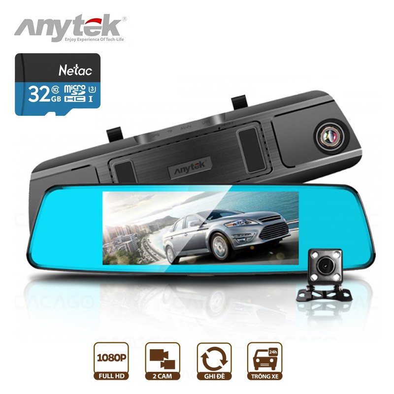 Camera Hành trình ô tô Anytek T77 Full HD (1920*1080P) - Cam gương, màn hình 7 inch cảm ứng, Quay 2 mắt trước sau