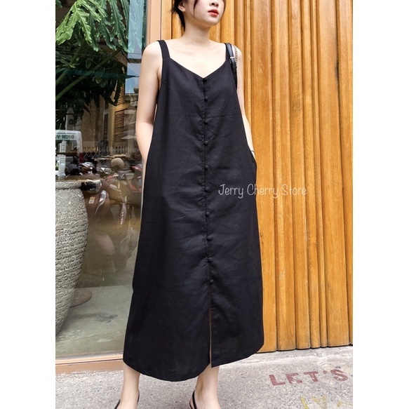 Đầm hai dây linen gài nút trước