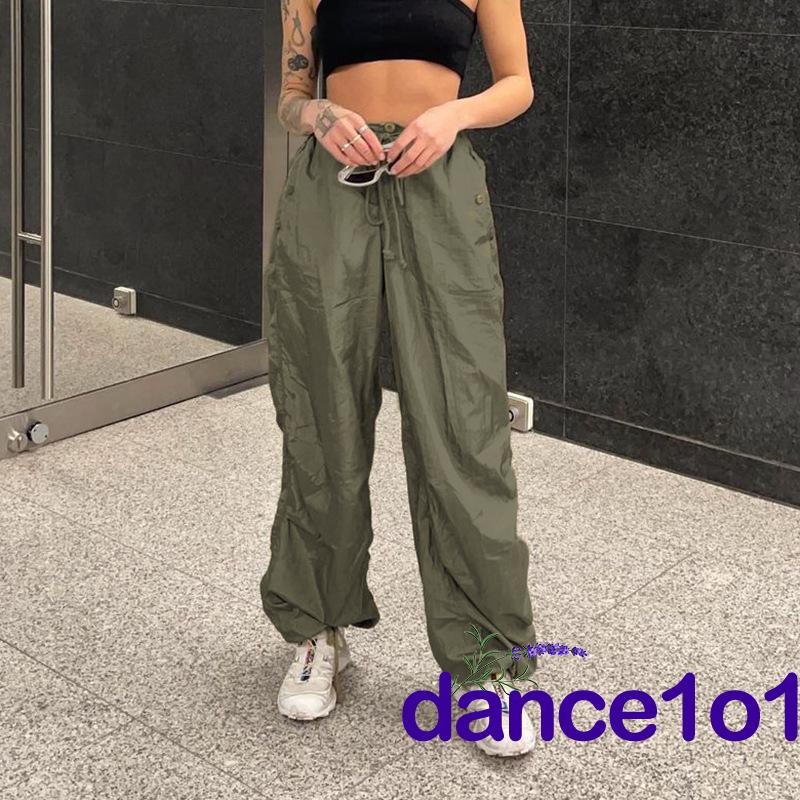 dance1o1-Y2K Harajuku Women´s Solid Color Elastic Waist Tie-Up Side Pockets Loose Fit Trousers