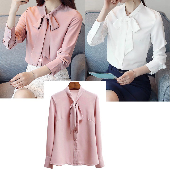 Áo Sơ Mi Nữ công sở GIÁ SỈ kiểu tay dài phối nút cổ cột nơ | BigBuy360 - bigbuy360.vn