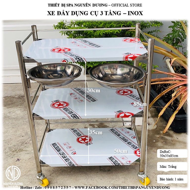 [Giao Liền] Xe Đẩy (Kệ) Inox 3 Tầng Dùng Trong Spa, Phun Xăm Thẩm Mỹ, Y Khoa