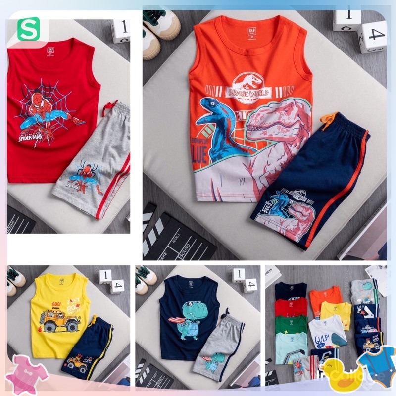 Bộ sát nách balo thun cotton GAP Kids bé trai 2-7T họa tiết người nhện xe khủng long