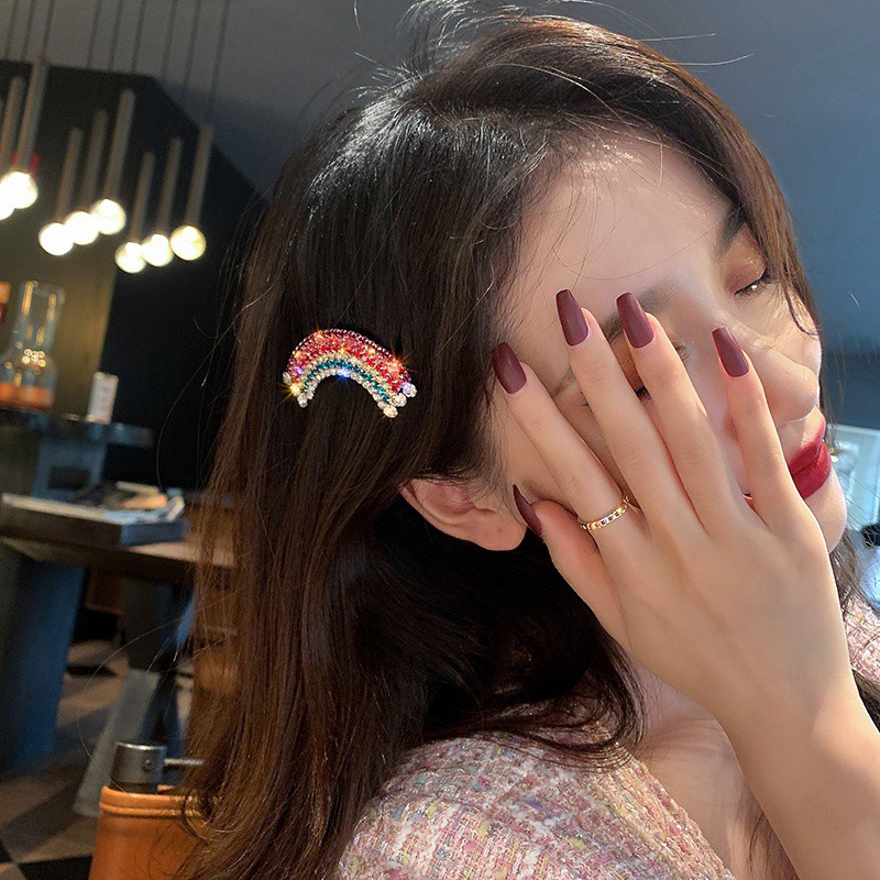 Kẹp Tóc Hình Kim Cương Màu Cầu Vồng Lấp Lánh Thời Trang Thu Đông