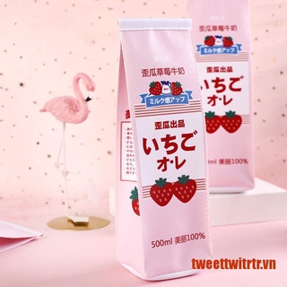 1 Hộp Bút Da PU Hình Hộp Sữa Dâu Sáng Tạo Đáng Yêu