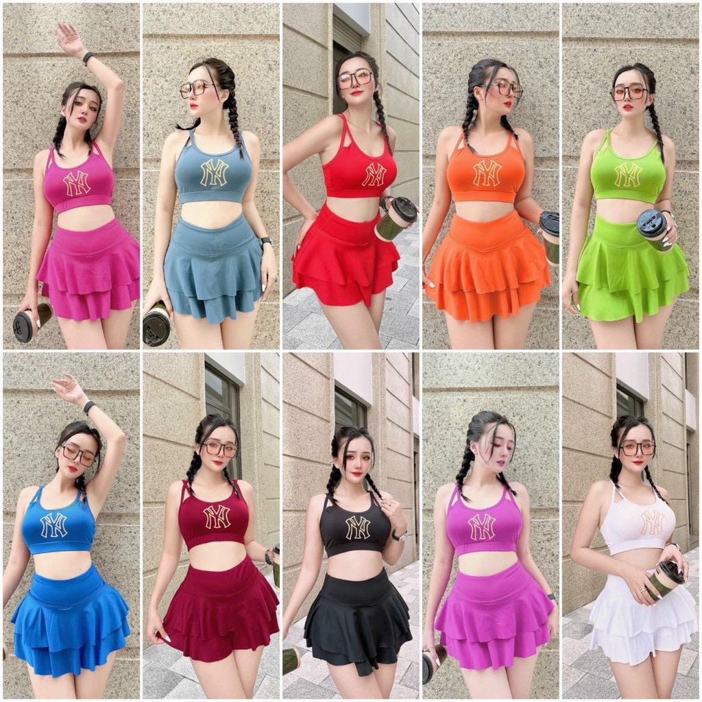 Đồ tập gym nữ, set tập NY áo bra chân váy 2 tầng nhảy aerobic, yoga, khiêu vũ,biểu diễn, đi bơi,đi biển nữ