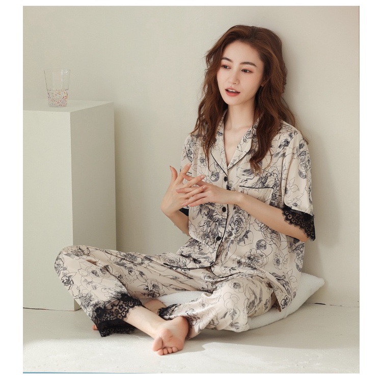 ANF8267 Bộ pyjama nữ ngắn tay phối ren chất lụa hàng nhập