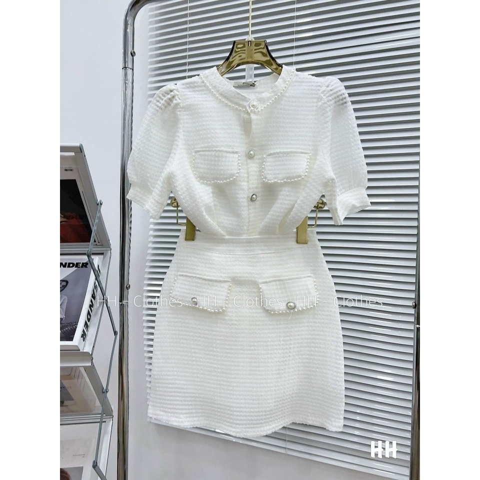 Sét bộ tay bồng viền ngọc chân váy chữ A tôn dáng