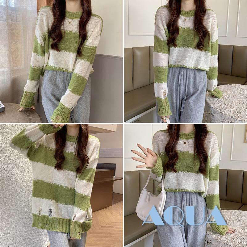Áo Sweater Dệt Kim Tay Dài Cổ Tròn Màu Sắc Tương Phản Thời Trang Cho Nữ