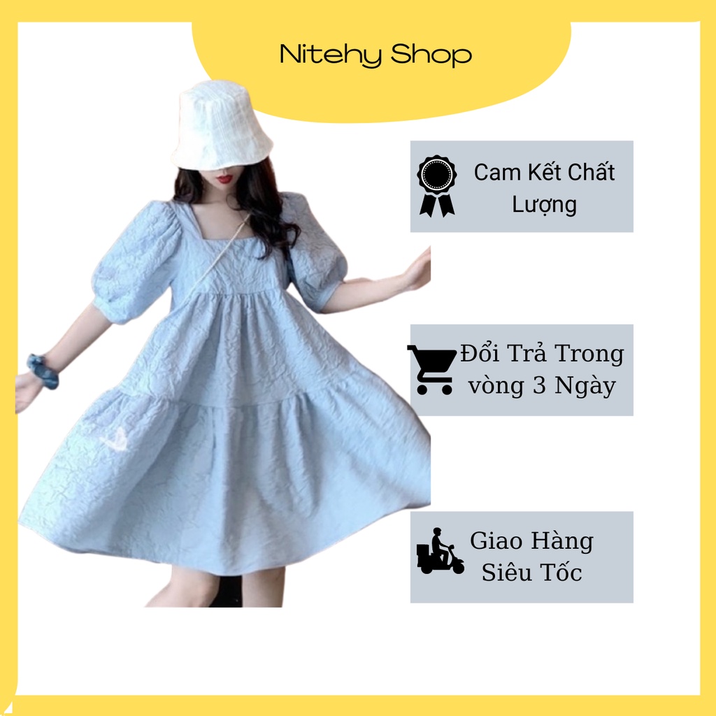 Váy nữ đẹp babydoll tay bồng cổ vuông chất liệu xốp gấm trẻ trung phong cách sang chảnh NITEHY 25