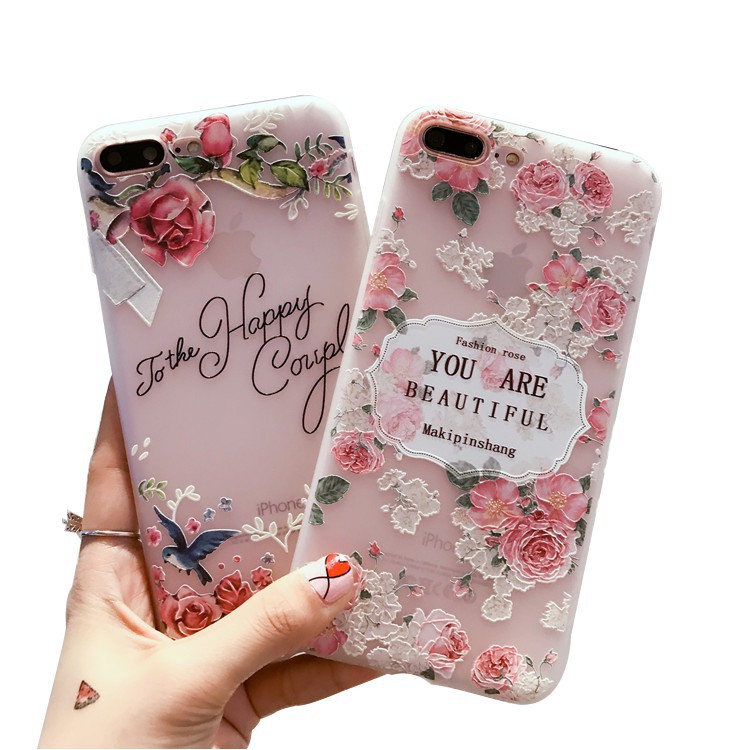 GNC|iPhone XR XS Max Casing iPhone 12 Mini 11 Pro Max6 6s 7 8 Plus SE 2020 3D Floral Relief Cover Soft TPU Case Slim Silicone Shell