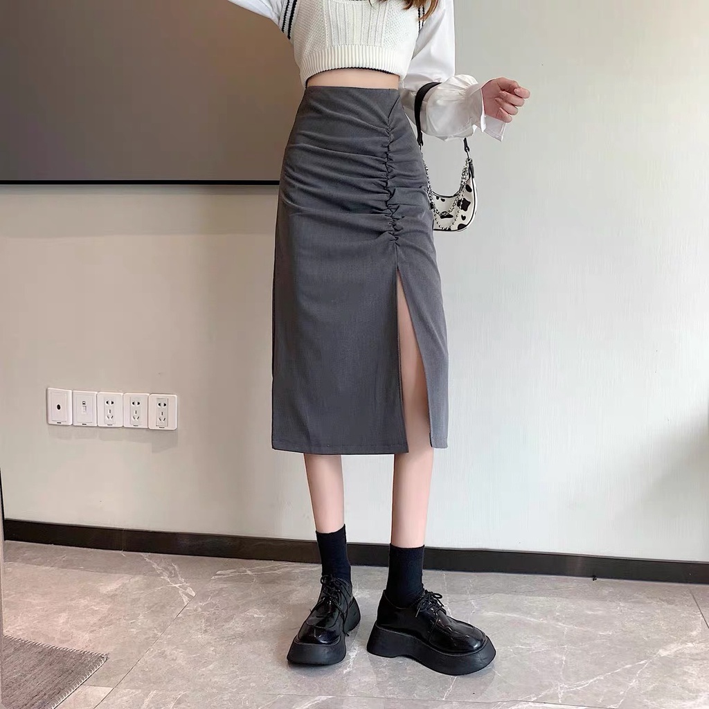 Chân váy nữ dáng dài xẻ tà có nhún ngay eo, chân váy lưng cao dáng dài chất vải dày dặn Okélla