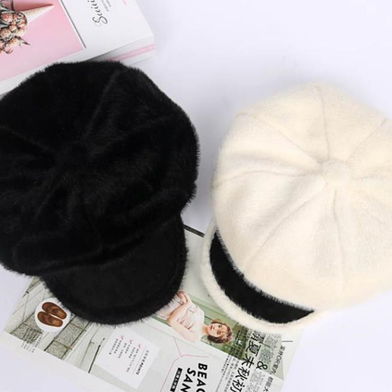 Mũ Beret vải lông chồn màu trơn phong cách thời trang Retro thu đông