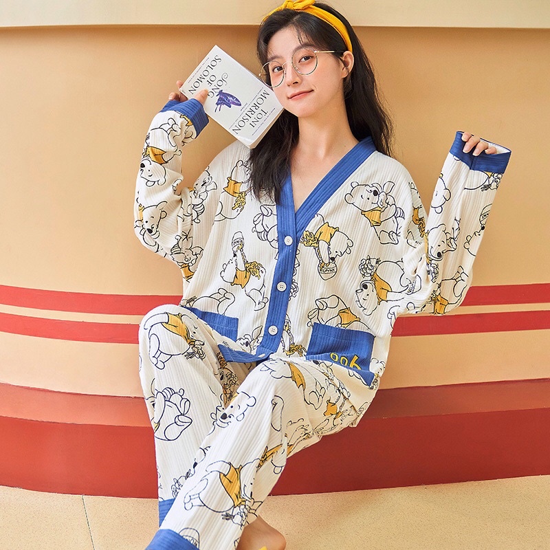 Đồ bộ đồ ngủ pyjama dài tay 100% cotton phong cách Hàn Quốc nhí nhảnh xinh xắn dễ thương chất vải siêu mềm mịn | BigBuy360 - bigbuy360.vn
