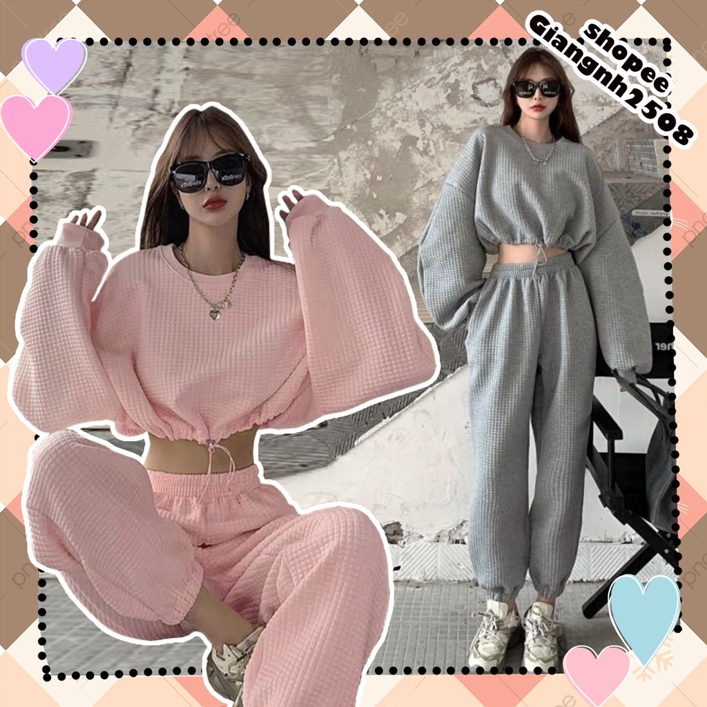 SA004 Set thể thao áo croptop quần jogger Ulzzang, bộ nỉ thu đông crt dài tay ống rộng bo gấu trẻ trung Hàn Quốc hot hit