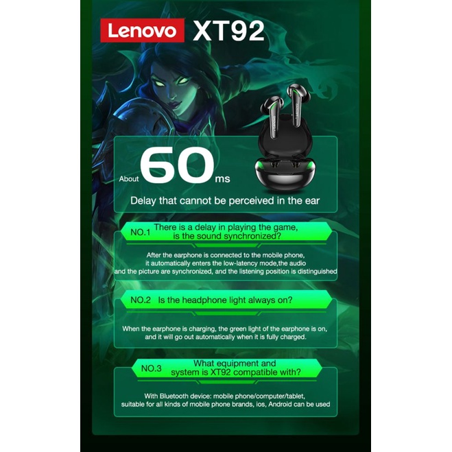 【Ready stock】 Original Lenovo XT92 TWS Earphone Wireless Bluetooth-compatible Headphones AI Control Gaming Headset Stereo bass With Mic Noise Reduction
