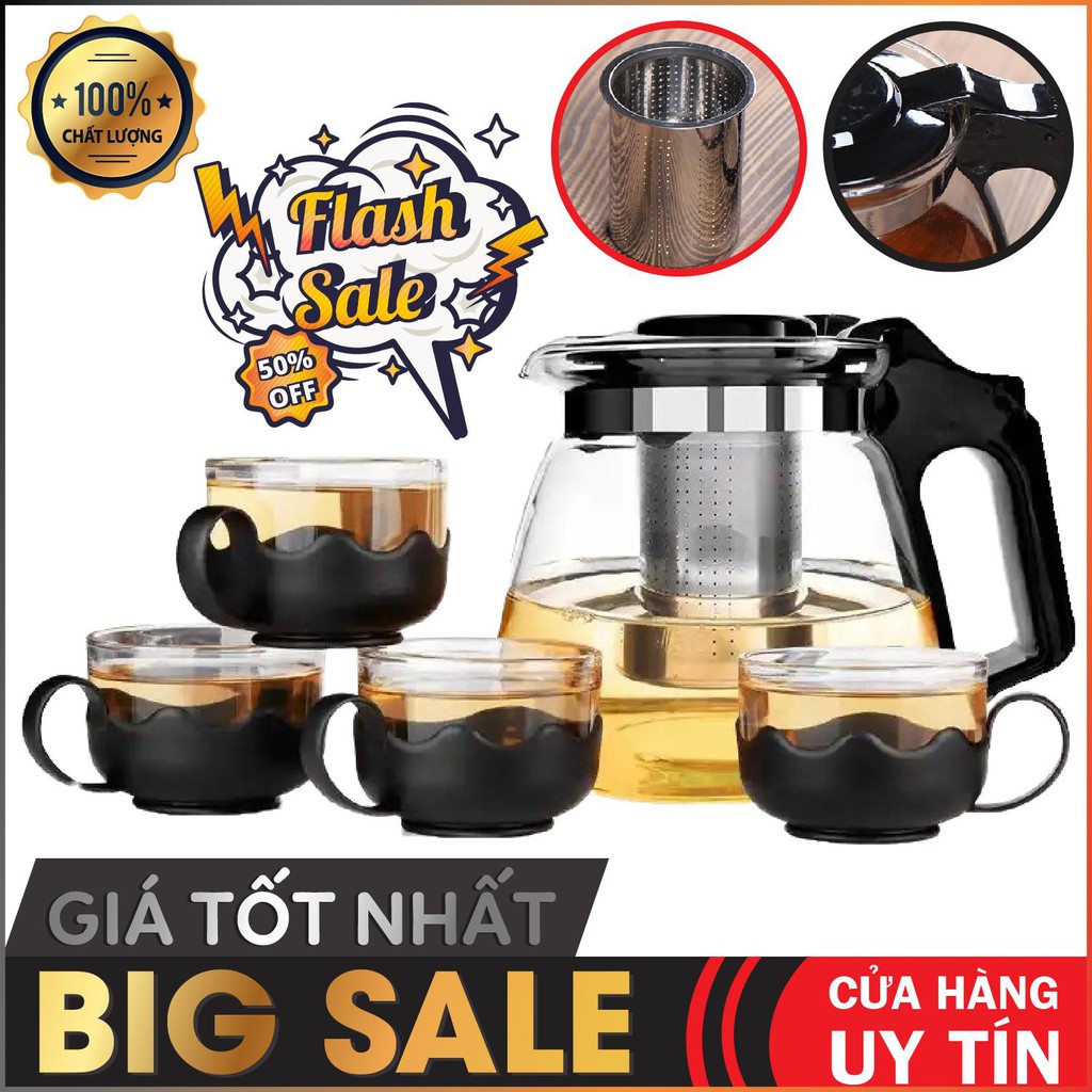 Bộ Bình Lọc Trà Thủy Tinh Kèm 4 Ly Lưới Lọc Inox