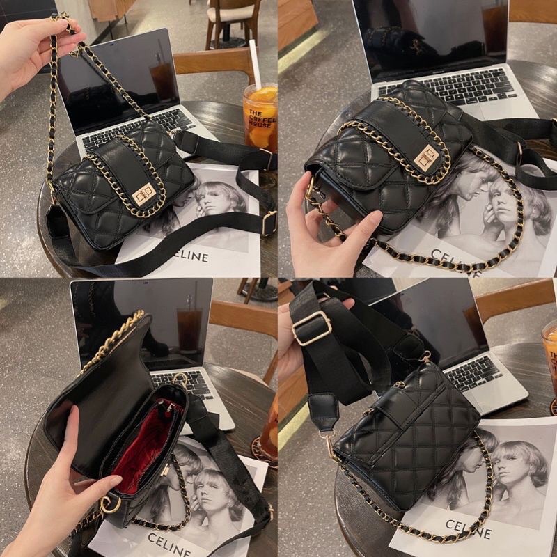 Túi đeo chéo kẹp nách nữ kèm dây da pha xích, dây bản to đi học đi chơi siêu đẹp