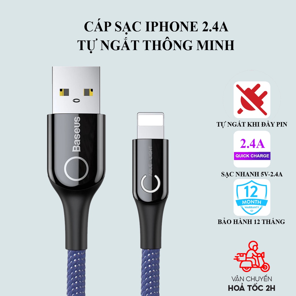 Dây sạc iphone tự ngắt Baseus C-shaped Light sạc nhanh 2.4A,cáp sạc dành cho iphone 5 6 7 8 X 11 12 13