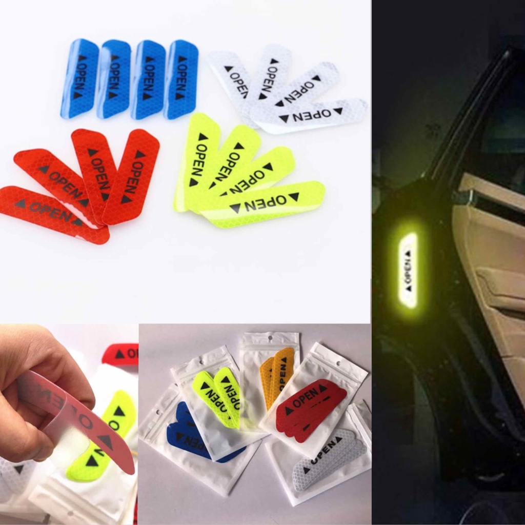 Set 04 Miếng Dán Dạ Quang Cảnh Báo Mở Cửa Xe Hơi Trong Môi Trường Đêm Tối, Thiếu Ánh Sáng OPEN