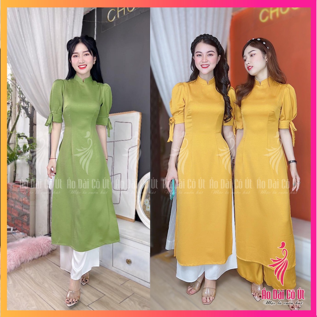 Áo Dài Cách Tân Lụa Tây Thi Tay Bồng Đính Nơ Cổ Truyền Thống Hàng May Sẵn