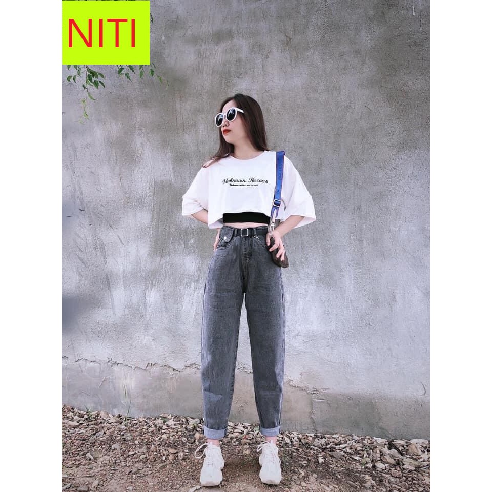 QUẦN BAGGY JEAN NỮ LƯNG CAO MÀU XÁM ĐEN 2 NÚT CỰC CÁ TÍNH NITI