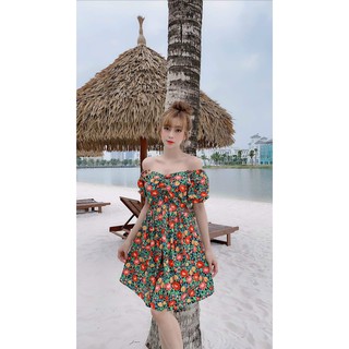 Đầm xòe nhún ngực cổ tim họa tiết hoa lá