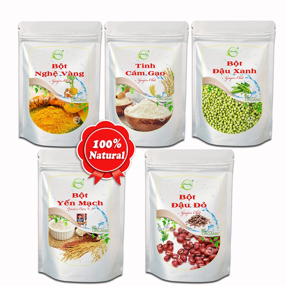 COMBO BÔT TRẮNG DA - Cám gạo 100gr + Yến Mạch 100gr + Đậu Đỏ 100gr + Đậu Xanh 100gr + Bột Nghệ Vàng 100gr