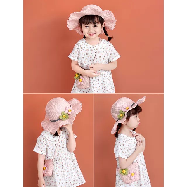 (Bán Buôn Sỉ) Mũ cói kèm túi đính hoa cho bé T2