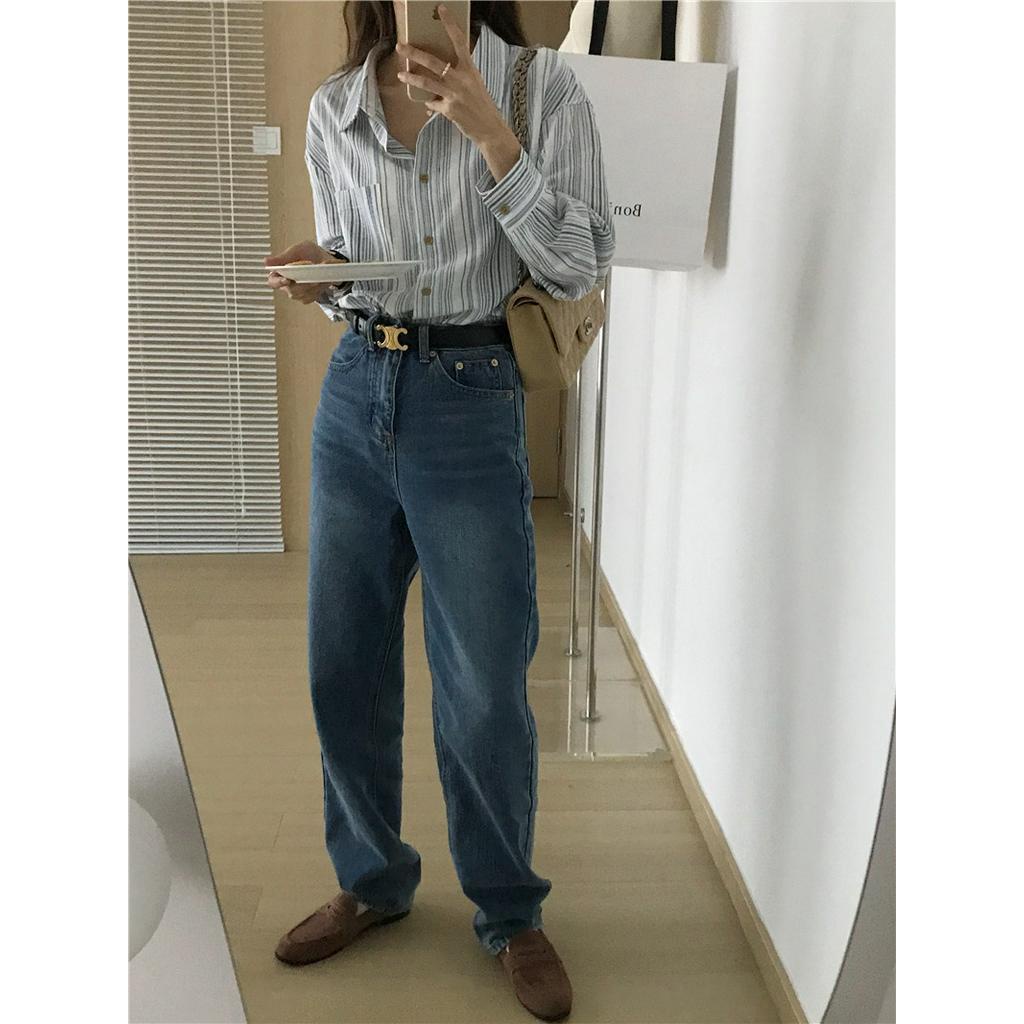 61148 Áo Sơ Mi Dài Tay Sọc Đơn Giản Vải Lanh Cotton