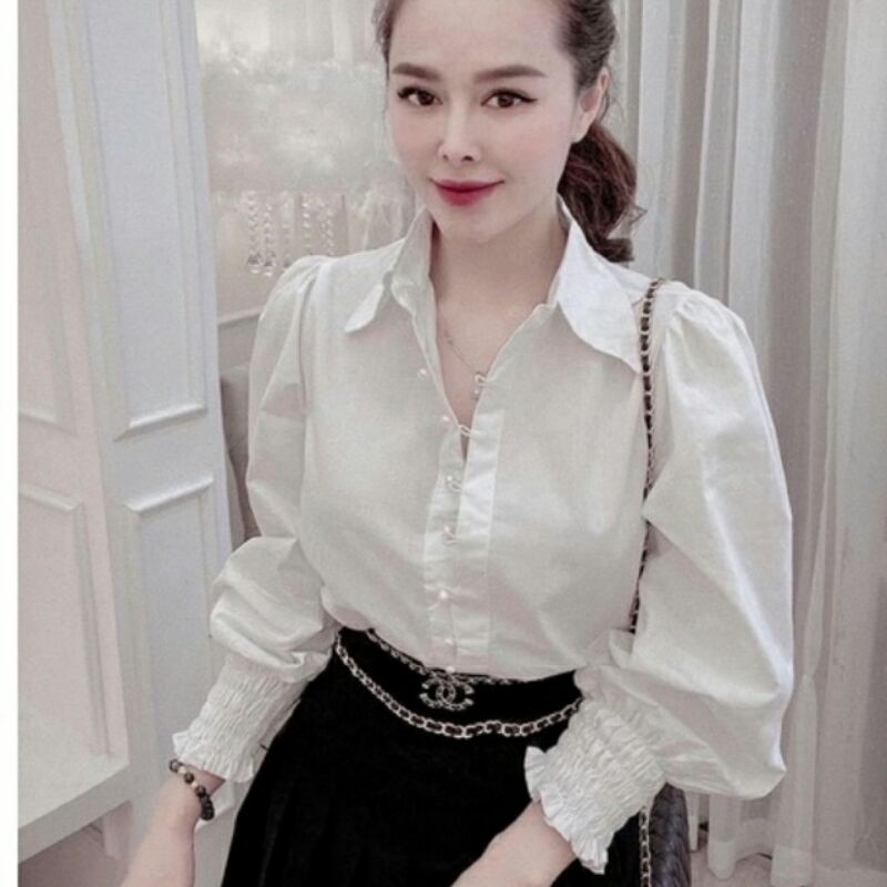 Áo sơ mi nữ trắng đi học tay dài bo nhúm cổ bẻ basic form rộng vừa - Sơ mi đi học sinh nữ trắng tay dài