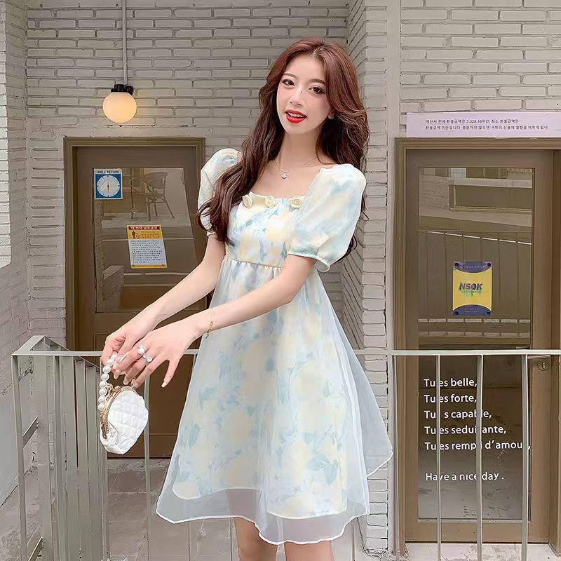 Đầm Perty tay phồng in họa tiết hoa phong cách Hàn Quốc xinh xắn cho nữ