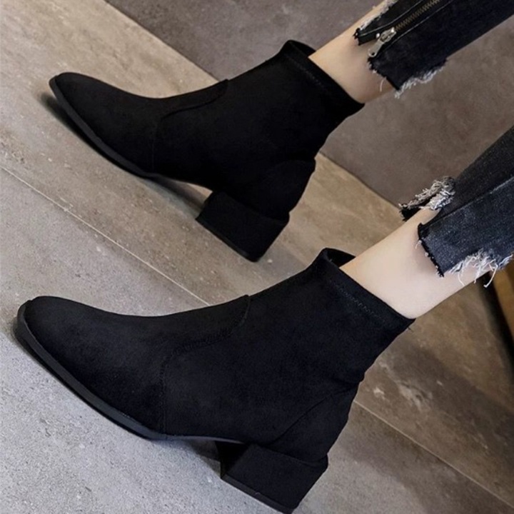[HÀNG XỊN] Giày boot 3 phân da lộn cổ lửng bốt nữ cổ ngắn đế vuông cá tính, phong cách Korea S087