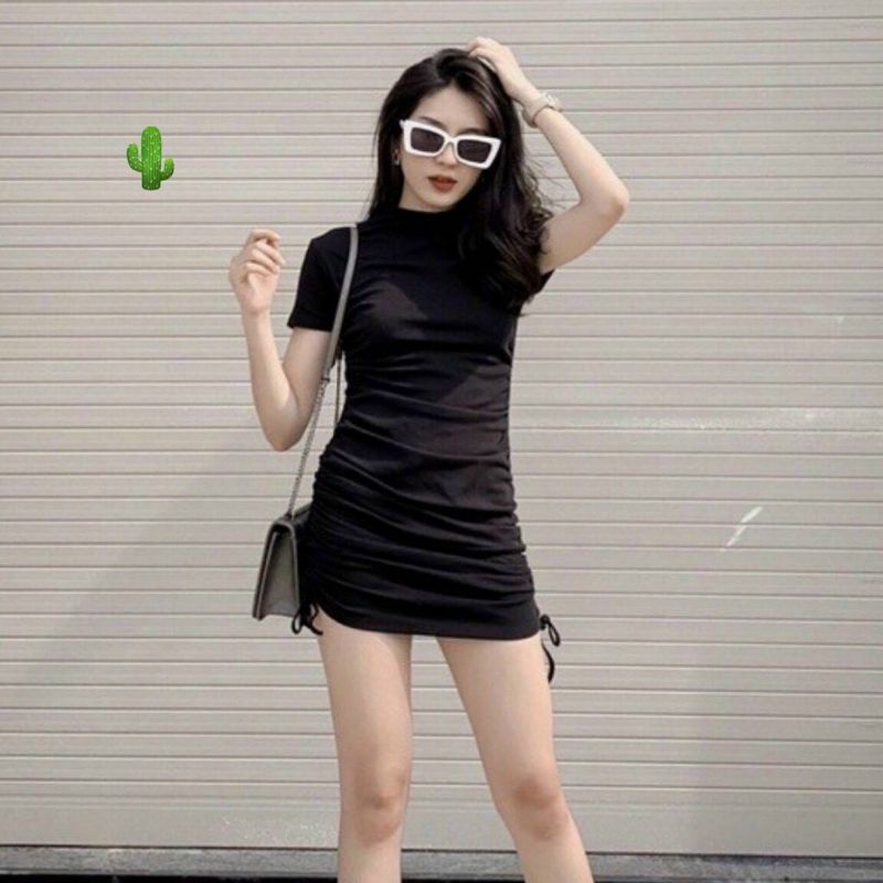 [HOT]Đầm body thun dày mịn ngắn tay cổ tròn rút dây hông BG221120