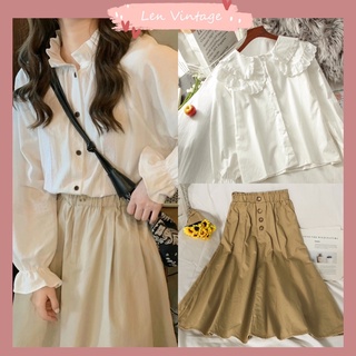 Áo sơ mi cổ sen tay phồng kết hợp chân váy phong cách Nhật vintage viền ren bèo nhún retro sinh viên nữ công sở morigirl