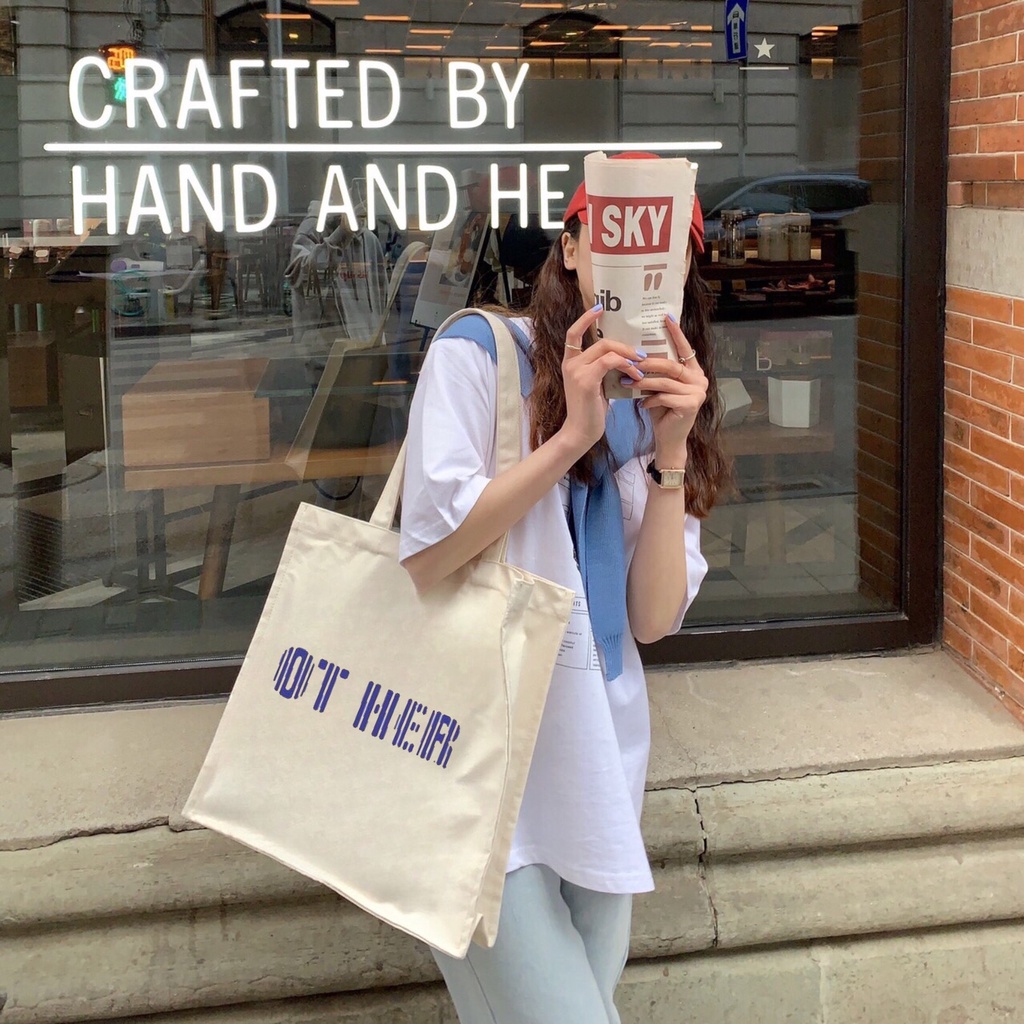 Túi tote HAZIN thết kế đáy vuông vải canvas ulzzang unisex in chữ Ot Her có túi nhỏ bên trong HZ06