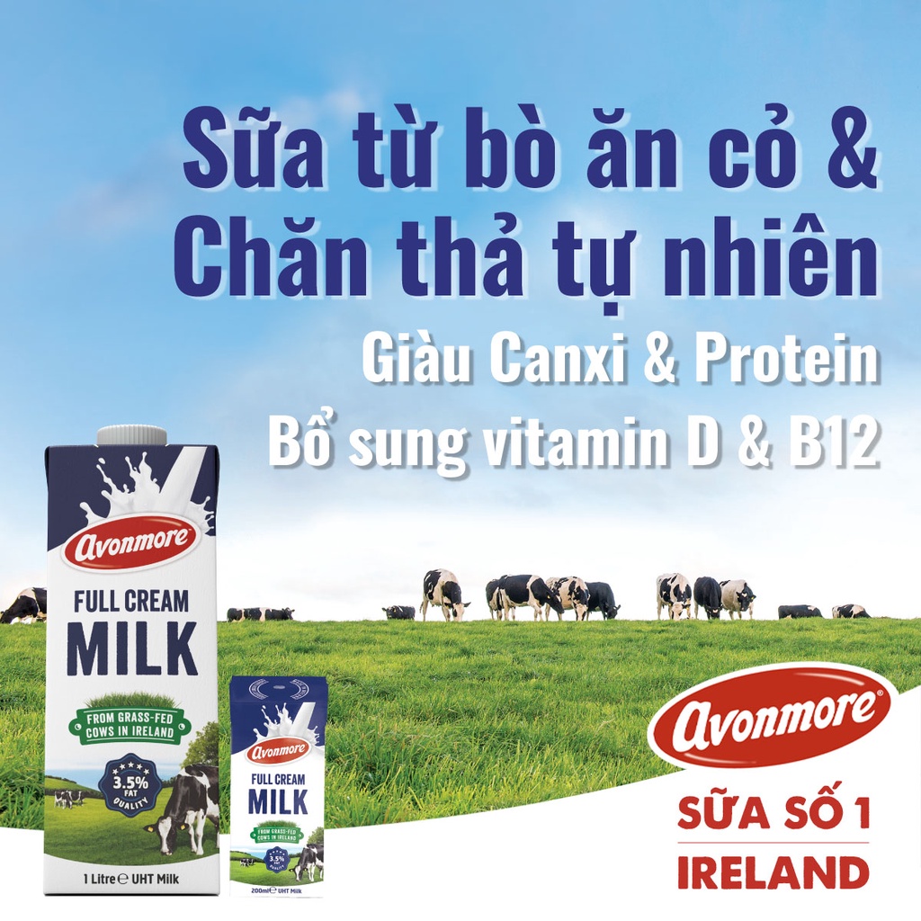 Thùng 24 hộp Sữa tươi nguyên chất không đường tiệt trùng Avonmore UHT Full Cream Milk 200ml giàu dinh dưỡng tốt