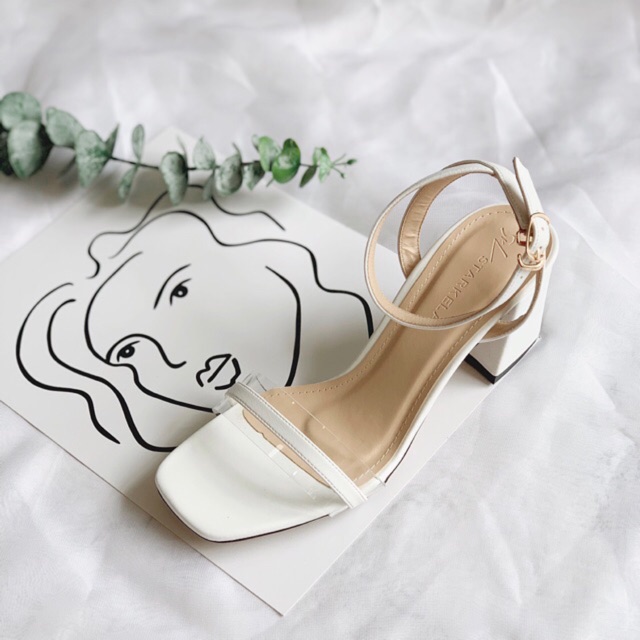 Sandal gót vuông quai phối mica