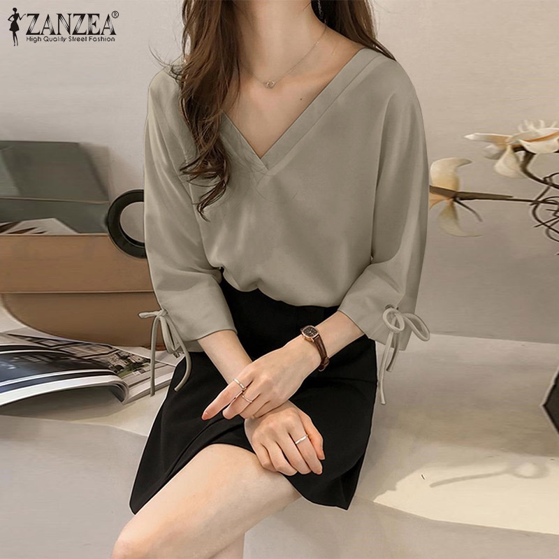 Áo ZANZEA tay 3/4 cổ chữ V màu trơn phong cách Hàn Quốc thời trang dành cho nữ