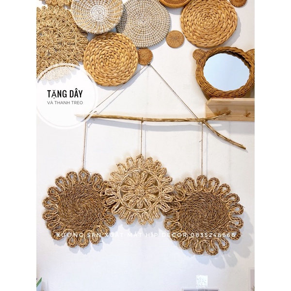 Bán sỉ set cói treo tường có kèm dây và cành cây, thảm cói treo tường thảm cói vintage thảm lục bình treo tường