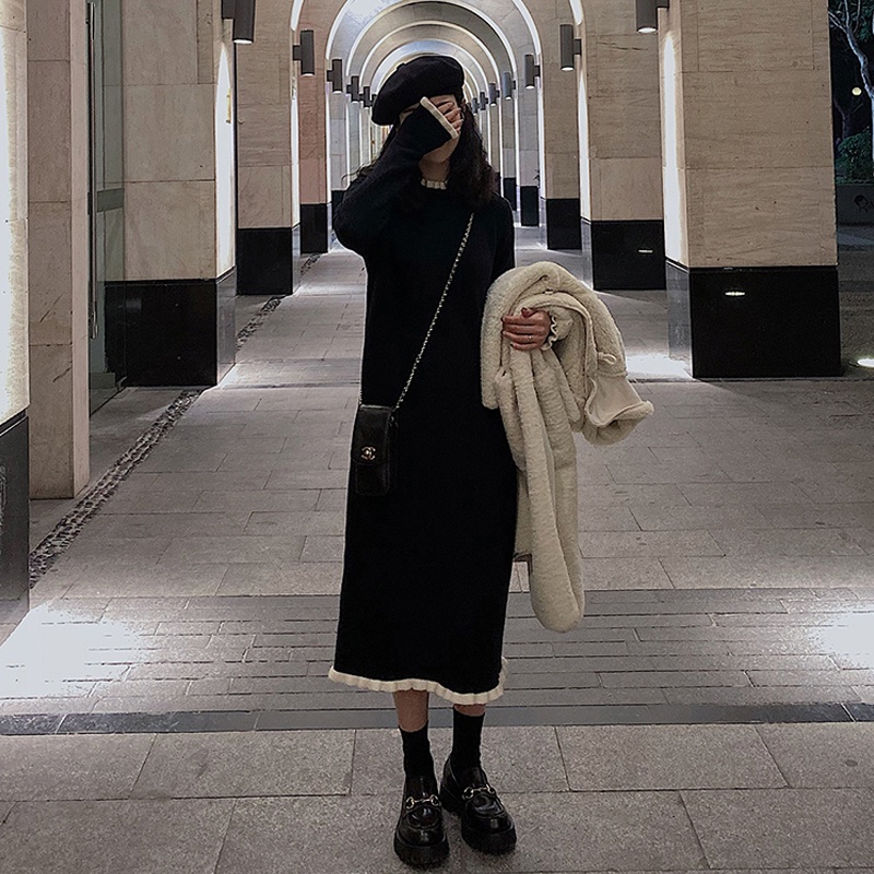 Đầm ZHELIHANGFEI dệt kim tay dài phong cách hepburn sang trọng dễ phối đồ