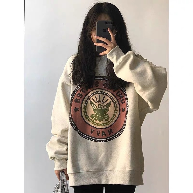Áo Sweater Navy Tay Bồng  Nữ [FREESHIP]  Nỉ form rộng oversize màu ghi in hình cá tính Ulzzang