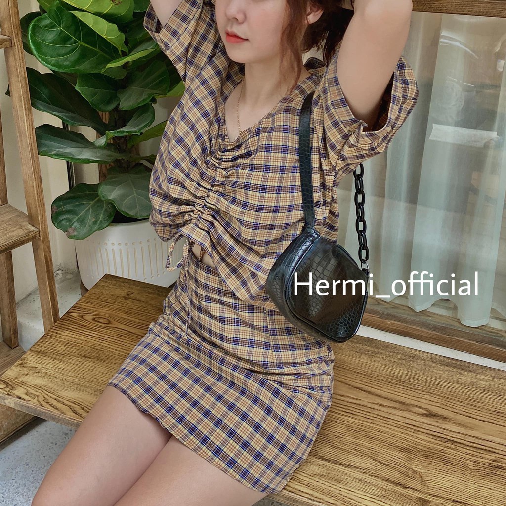 Set váy kẻ caro 2 màu freesize giá siêu rẻ - Set áo croptop rút ngực mix chân váy chữ A dáng ngắn SS36 | BigBuy360 - bigbuy360.vn