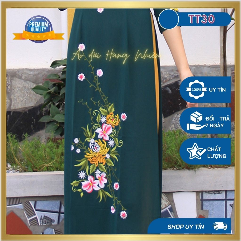 Áo dài Tằm thêu nữ may sẵn thiết kế đẹp, sang trọng, màu xanh