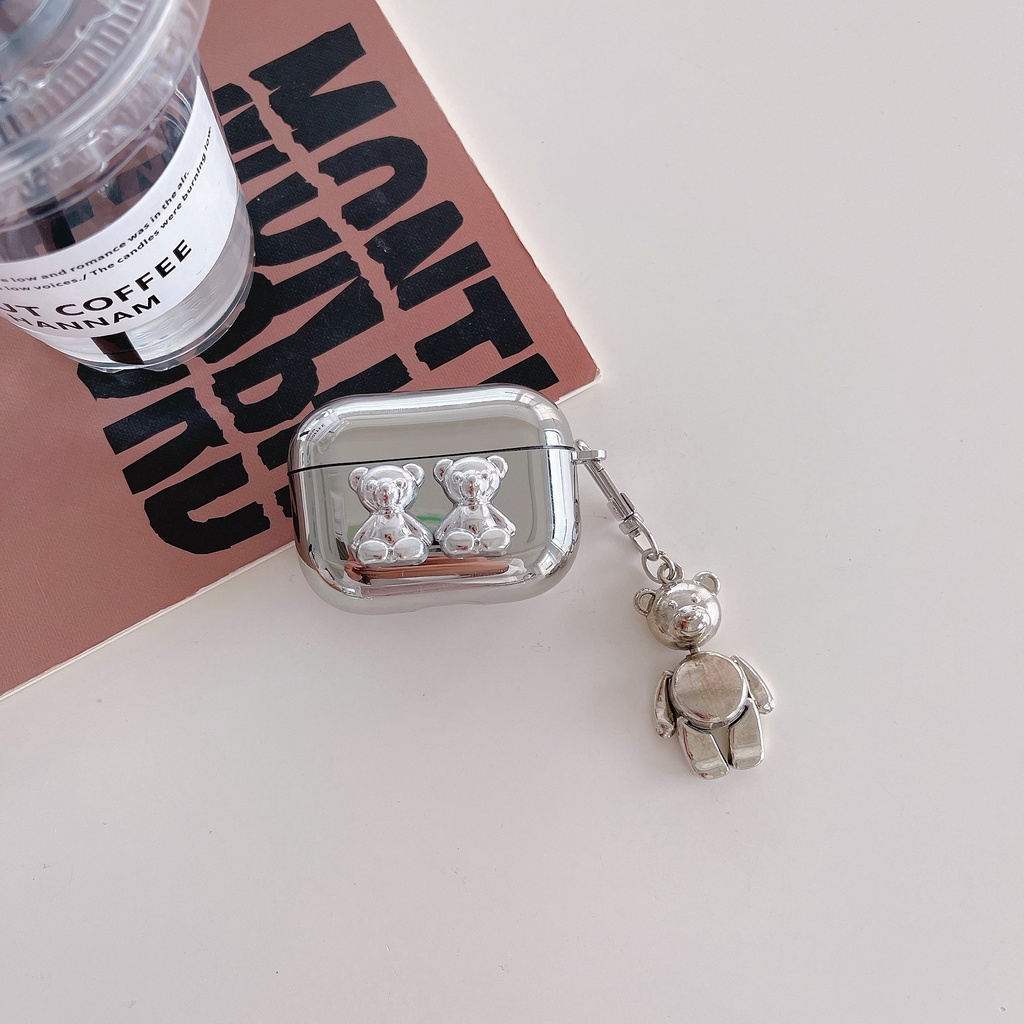 Vỏ Bảo Vệ Hộp Sạc Tai Nghe Bluetooth airpods 1/2 pro Bằng tpu Mềm Hình Gấu Màu Bạc Kèm Móc Khóa